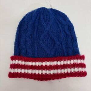 Boden Kids Blue with Red Stripes Folded Cuff Cable Knit Hat Beanie Size Small
